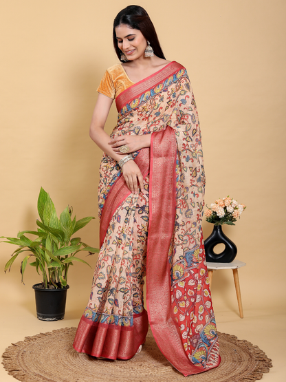 Rajwada Beige Cotton Printed Saree For Women