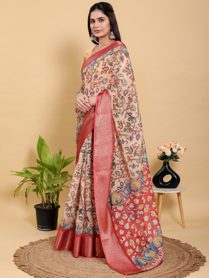 Rajwada Beige Cotton Printed Saree For Women