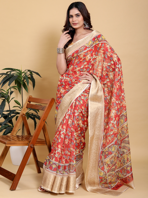 Rajwada Orange Cotton Printed Saree For Women
