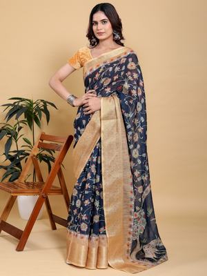 Rajwada Navy Blue Cotton Printed Saree For Women