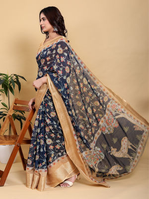 Rajwada Navy Blue Cotton Printed Saree For Women