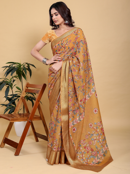 Rajwada Mustard Cotton Printed Saree For Women