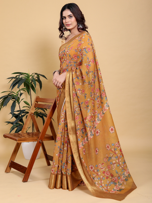 Rajwada Mustard Cotton Printed Saree For Women
