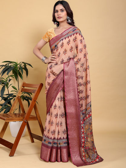 Rajwada Peach Cotton Printed Saree For Women