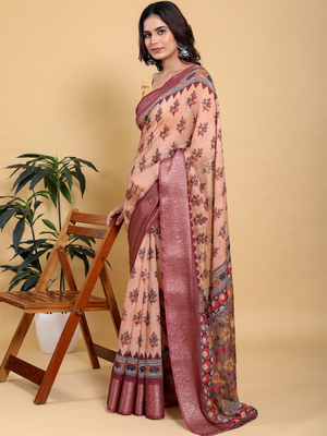 Rajwada Peach Cotton Printed Saree For Women