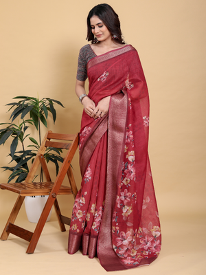 Rajwada Red Cotton Printed Saree For Women
