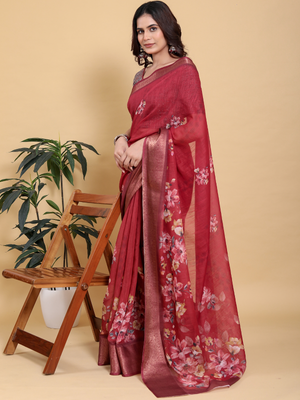 Rajwada Red Cotton Printed Saree For Women