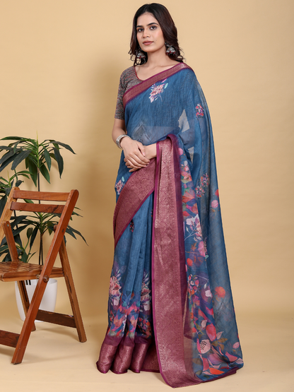 Rajwada Dark Blue And Brown Cotton Printed Saree For Women