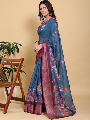 Rajwada Dark Blue And Brown Cotton Printed Saree For Women