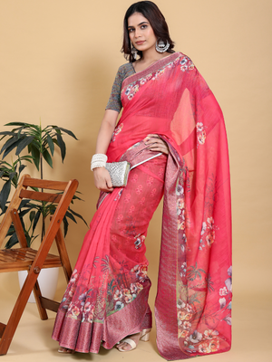 Rajwada Pink Cotton Printed Saree For Women