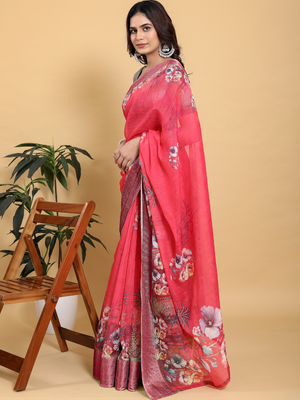 Rajwada Pink Cotton Printed Saree For Women