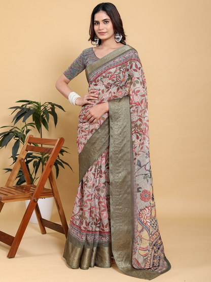 Rajwada Off White Cotton Printed Saree For Women