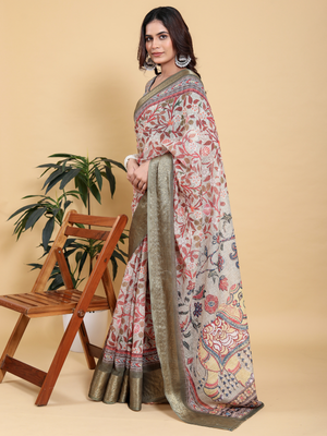 Rajwada Off White Cotton Printed Saree For Women