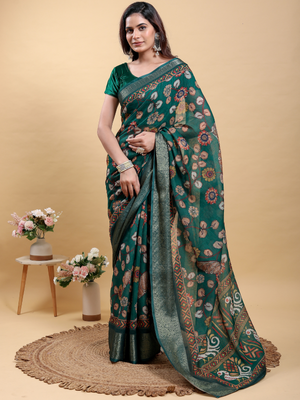 Rajwada Teal Green Cotton Printed Saree For Women