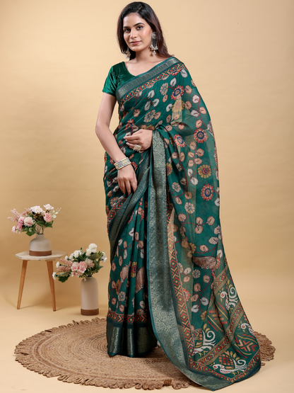 Rajwada Teal Green Cotton Printed Saree For Women