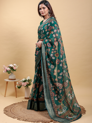 Rajwada Teal Green Cotton Printed Saree For Women