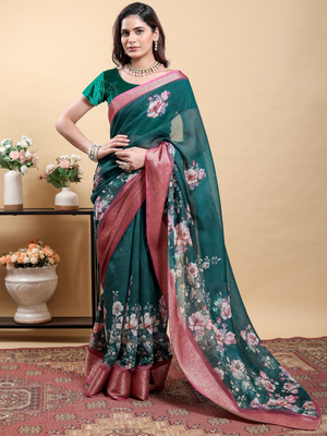 Rajwada Teal Green Cotton Printed Saree For Women