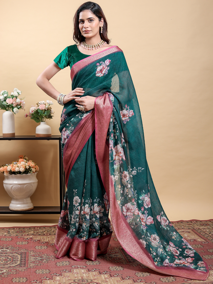 Rajwada Teal Green Cotton Printed Saree For Women