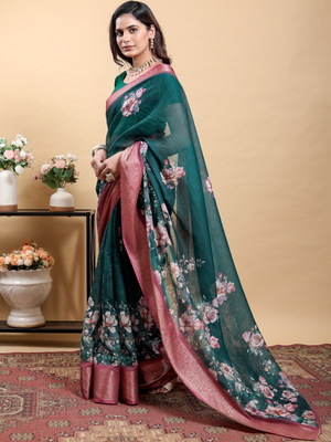 Rajwada Teal Green Cotton Printed Saree For Women