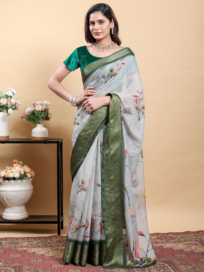 Rajwada Light Grey And Green Cotton Printed Saree For Women