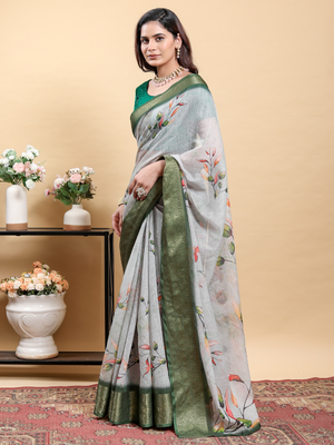 Rajwada Light Grey And Green Cotton Printed Saree For Women