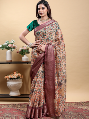 Rajwada Beige Cotton Printed Saree For Women
