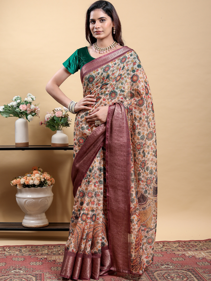 Rajwada Beige Cotton Printed Saree For Women
