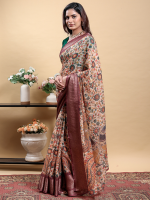 Rajwada Beige Cotton Printed Saree For Women