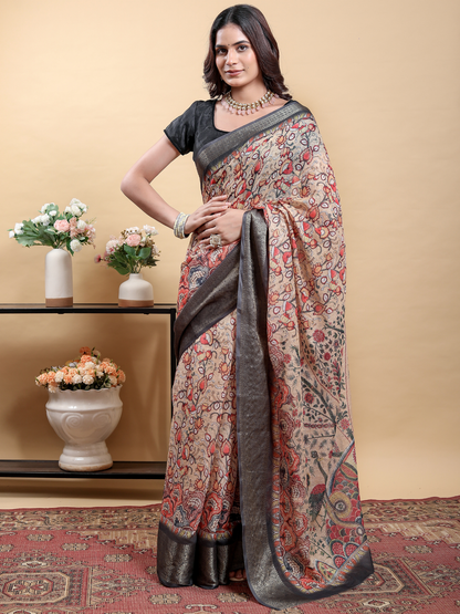 Rajwada Beige Cotton Printed Saree For Women