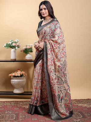 Rajwada Beige Cotton Printed Saree For Women