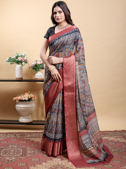 Rajwada Grey And Red Cotton Printed Saree For Women