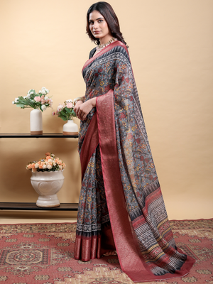 Rajwada Grey And Red Cotton Printed Saree For Women