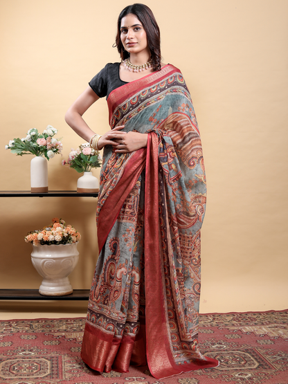 Rajwada Grey Cotton Printed Saree For Women
