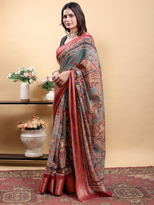 Rajwada Grey Cotton Printed Saree For Women