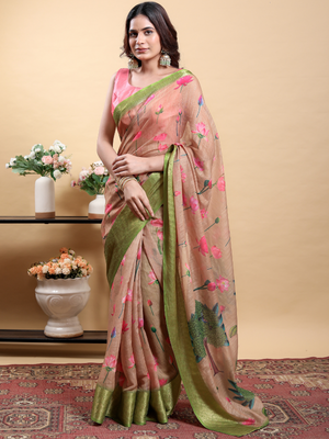 Rajwada Peach Cotton Printed Saree For Women