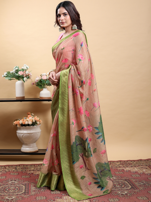 Rajwada Peach Cotton Printed Saree For Women