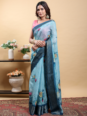 Rajwada Sky Blue Cotton Printed Saree For Women