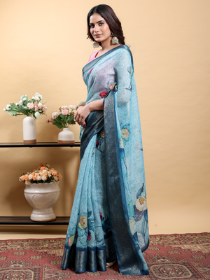 Rajwada Sky Blue Cotton Printed Saree For Women