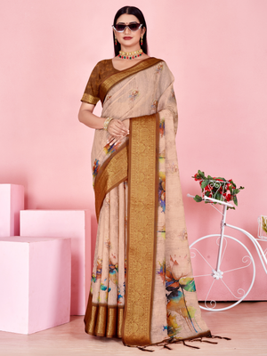 Rajwada Beige And Gold Cotton Printed Saree For Women