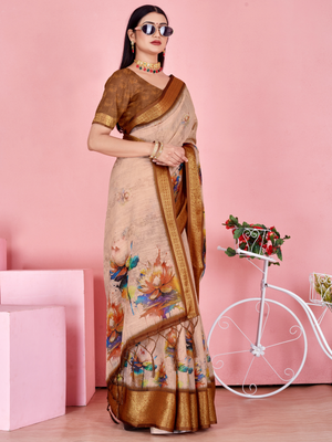Rajwada Beige And Gold Cotton Printed Saree For Women