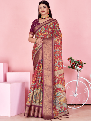 Rajwada Wine And Maroon Cotton Printed Saree For Women
