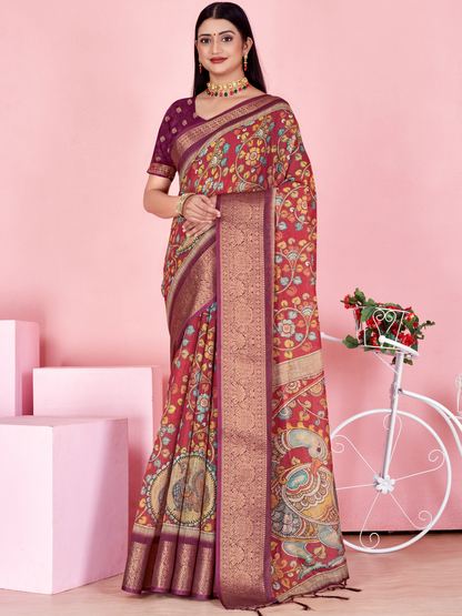 Rajwada Wine And Maroon Cotton Printed Saree For Women