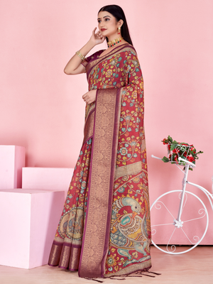 Rajwada Wine And Maroon Cotton Printed Saree For Women