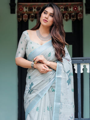 Rajwada Light Grey Cotton Linen Printed Saree For Women