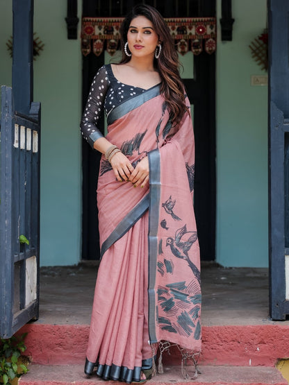 Rajwada Dusty Pink Cotton Linen Printed Saree For Women