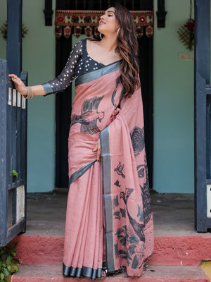 Rajwada Dusty Pink Cotton Linen Printed Saree For Women