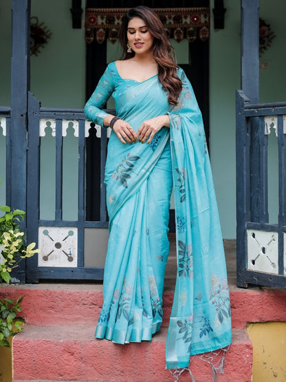 Rajwada Sky Blue Cotton Linen Printed Saree For Women