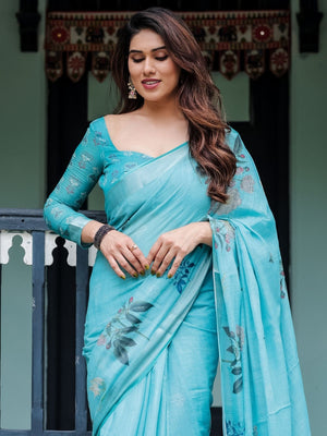 Rajwada Sky Blue Cotton Linen Printed Saree For Women