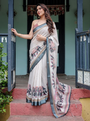 Rajwada Off White Cotton Linen Printed Saree For Women