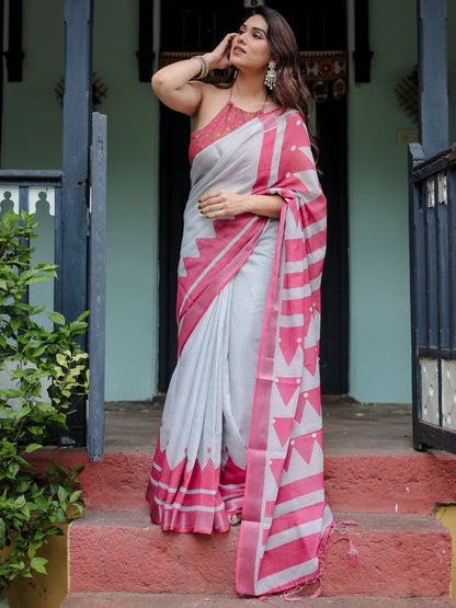 Rajwada Light Grey And Pink Cotton Linen Printed Saree For Women